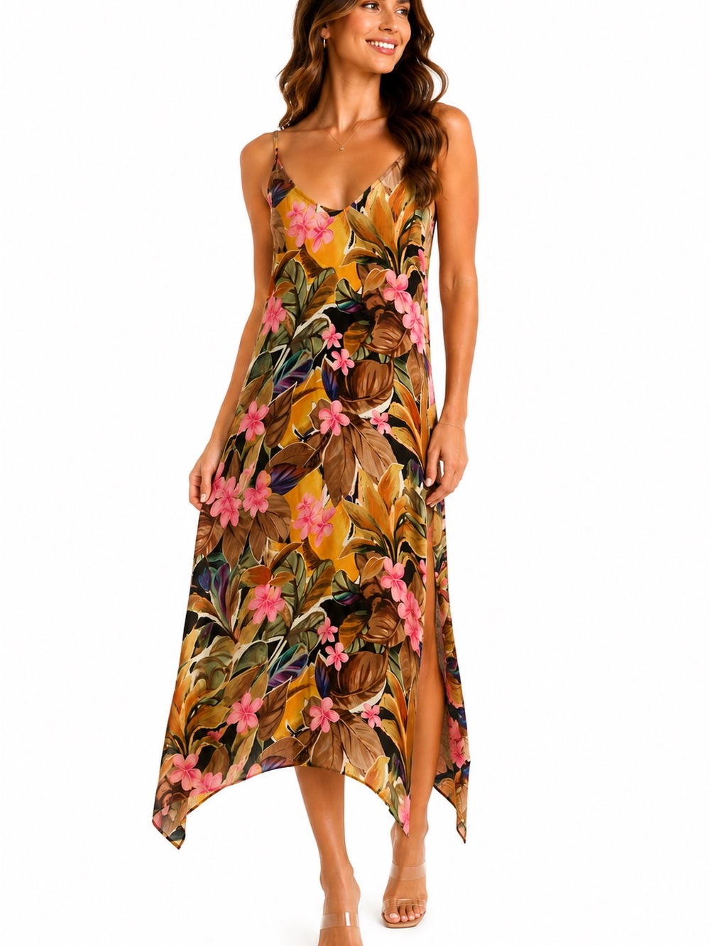 Karen Kane Floral Tropical 100% Cupro Midi Slip Dress Resort Yellow Pink Size S